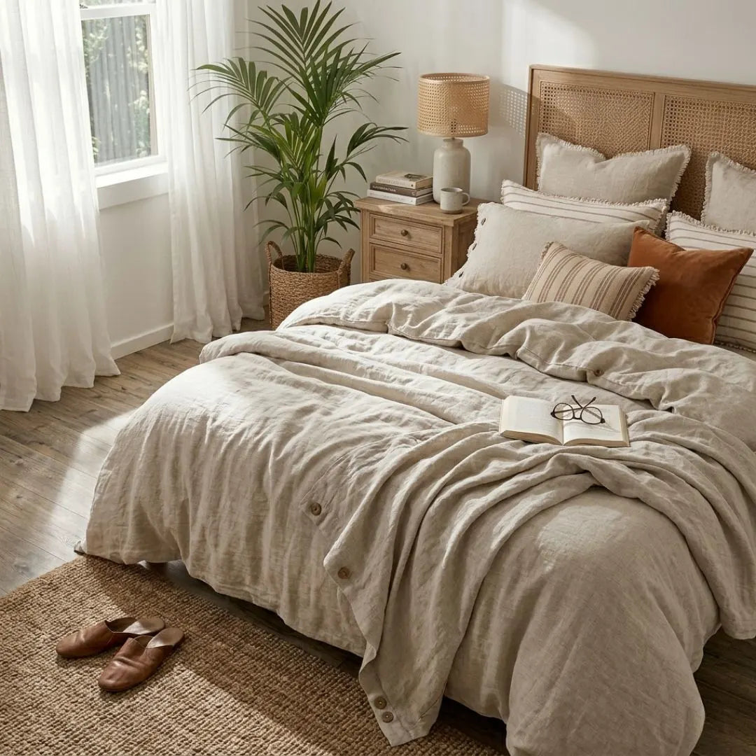 Neatly made bed with beige bedding in a bright bedroom with a plant and lamp.