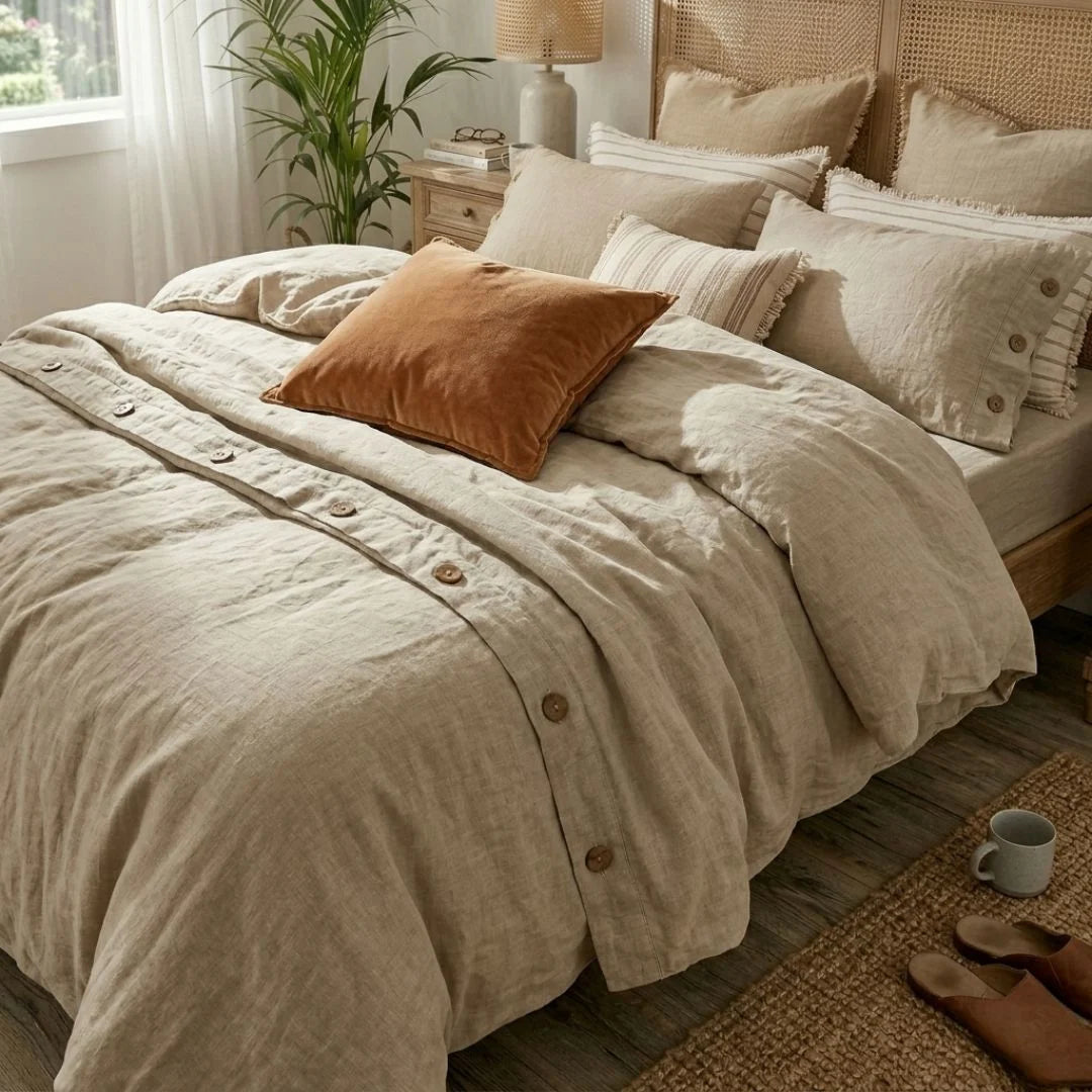 Neatly made bed with beige bedding and pillows in a cozy bedroom setting.