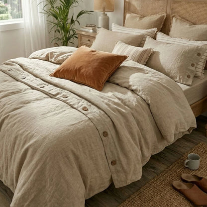 Neatly made bed with beige bedding and pillows in a cozy bedroom setting.
