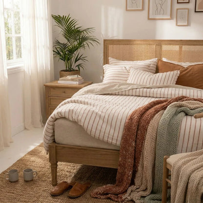 Cozy bedroom with wooden bed, striped bedding, and a plant.