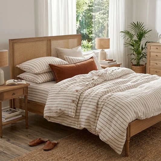 Bedroom with wooden bed, striped bedding, and side tables.