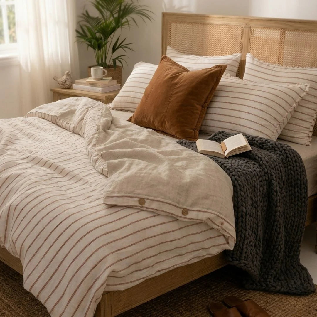 Neatly made bed with striped bedding and pillows in a cozy bedroom setting.