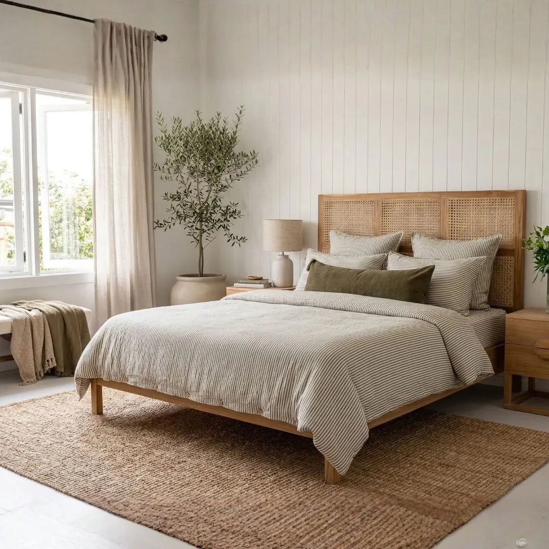 Bedroom with wooden bed, french linen white and olive striped bedding and decor by Sun Republic