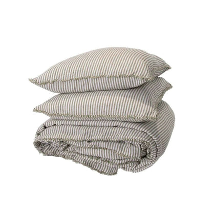 Folded french linen striped bedding set on a white background