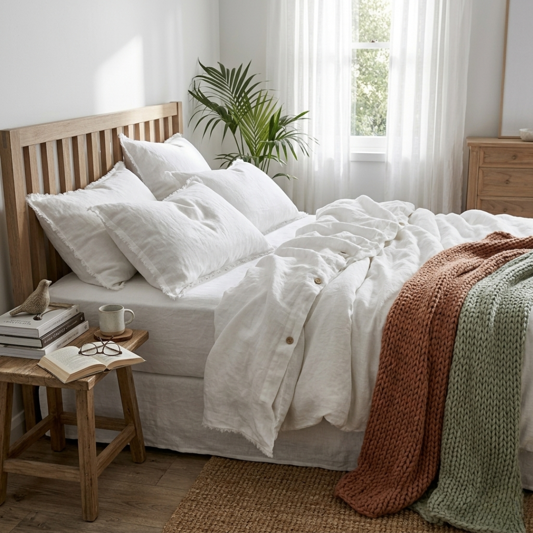 Bedroom with a wooden bed frame, white organic linen bedding, and a small table with books and a cup.