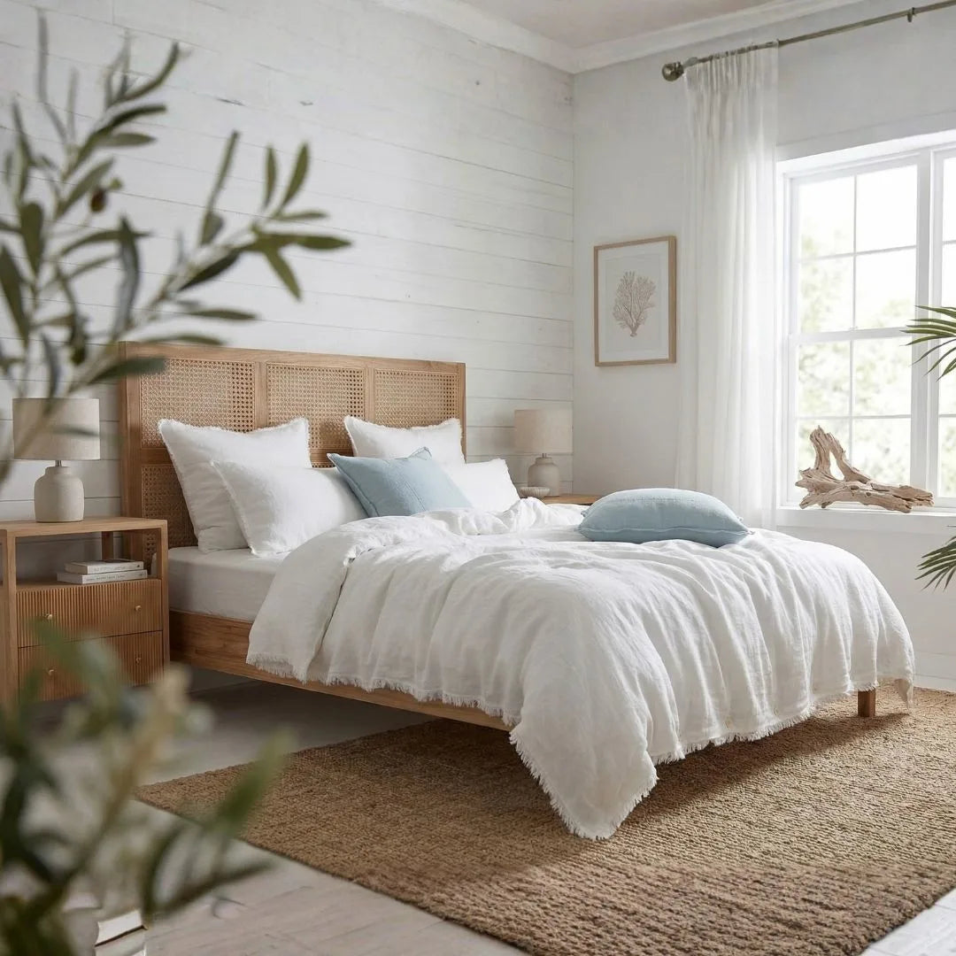 Bedroom with wooden bed, white bedding, and natural decor