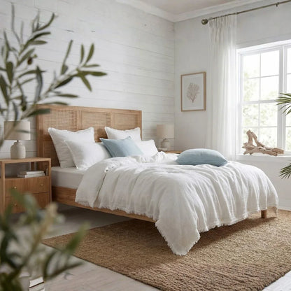 Bedroom with wooden bed, white bedding, and natural decor