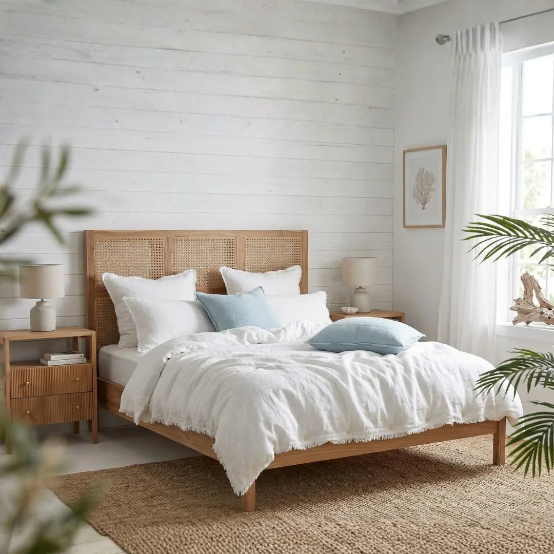 Bedroom with wooden bed, white bedding, and decorative pillows in a bright room.