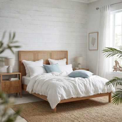 Bedroom with wooden bed, white bedding, and decorative pillows in a bright room.