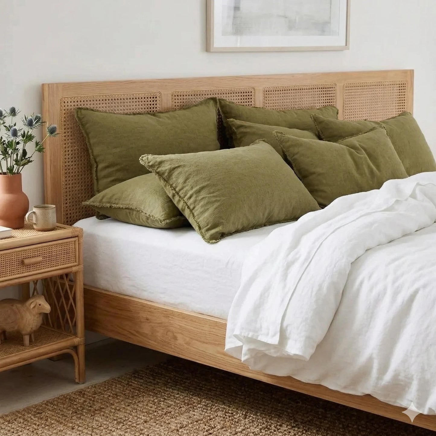 Bedroom with wooden bed, green pillows, and a side table with decor items.