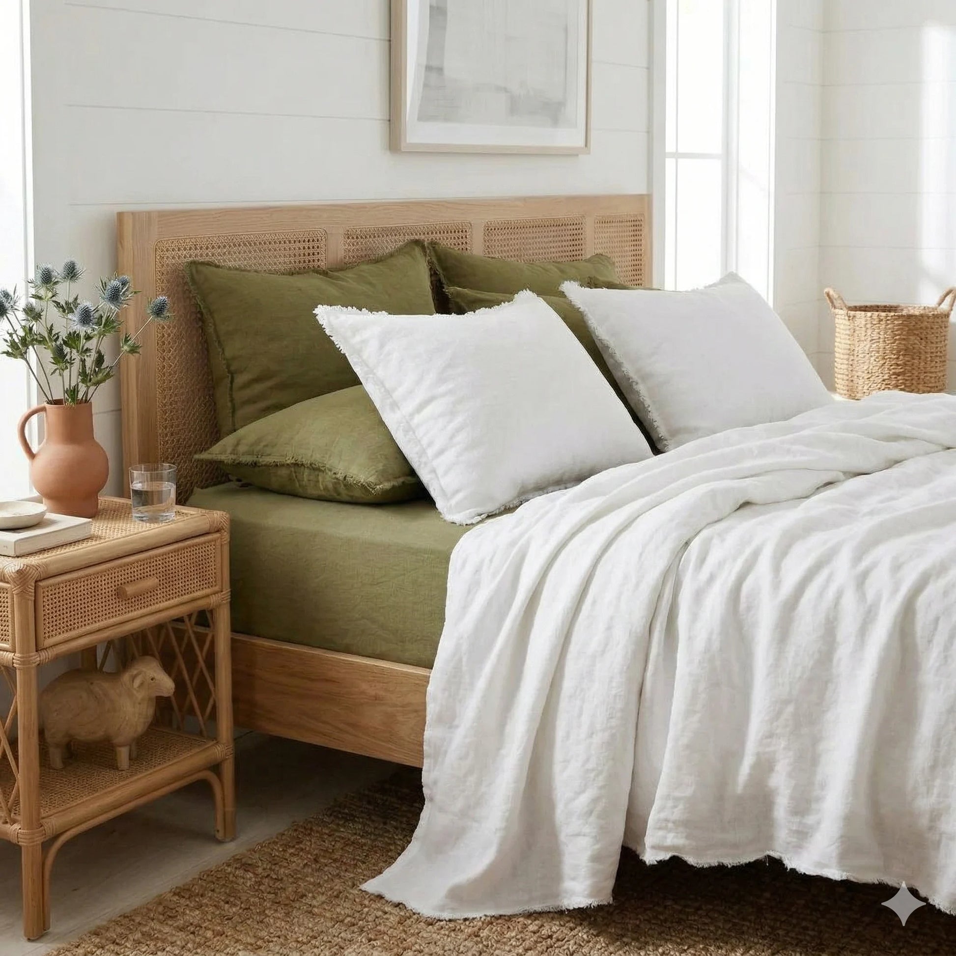 Bedroom with wooden bed, green and white bedding, and a side table with decor items.
