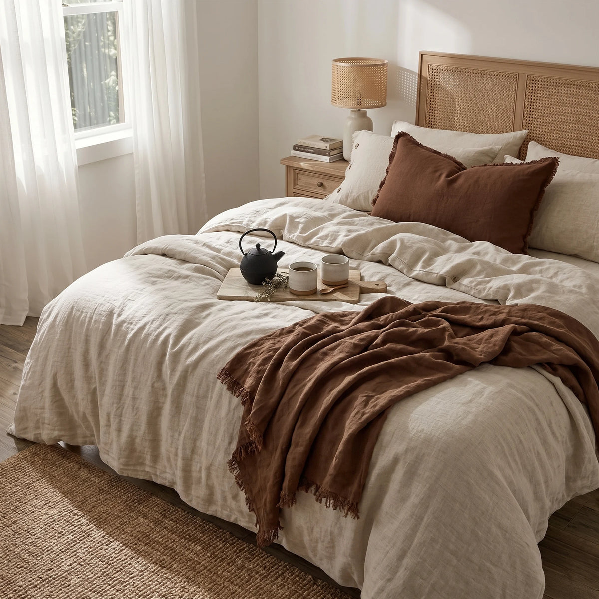 A cozy bedroom scene with a made bed featuring cream linen bedding, a rust-brown throw blanket draped across the foot, a matching brown pillow, and a light wood cane headboard. A small tray with a teapot and cups sits on the bed, and a window with sheer curtains is visible in the background.