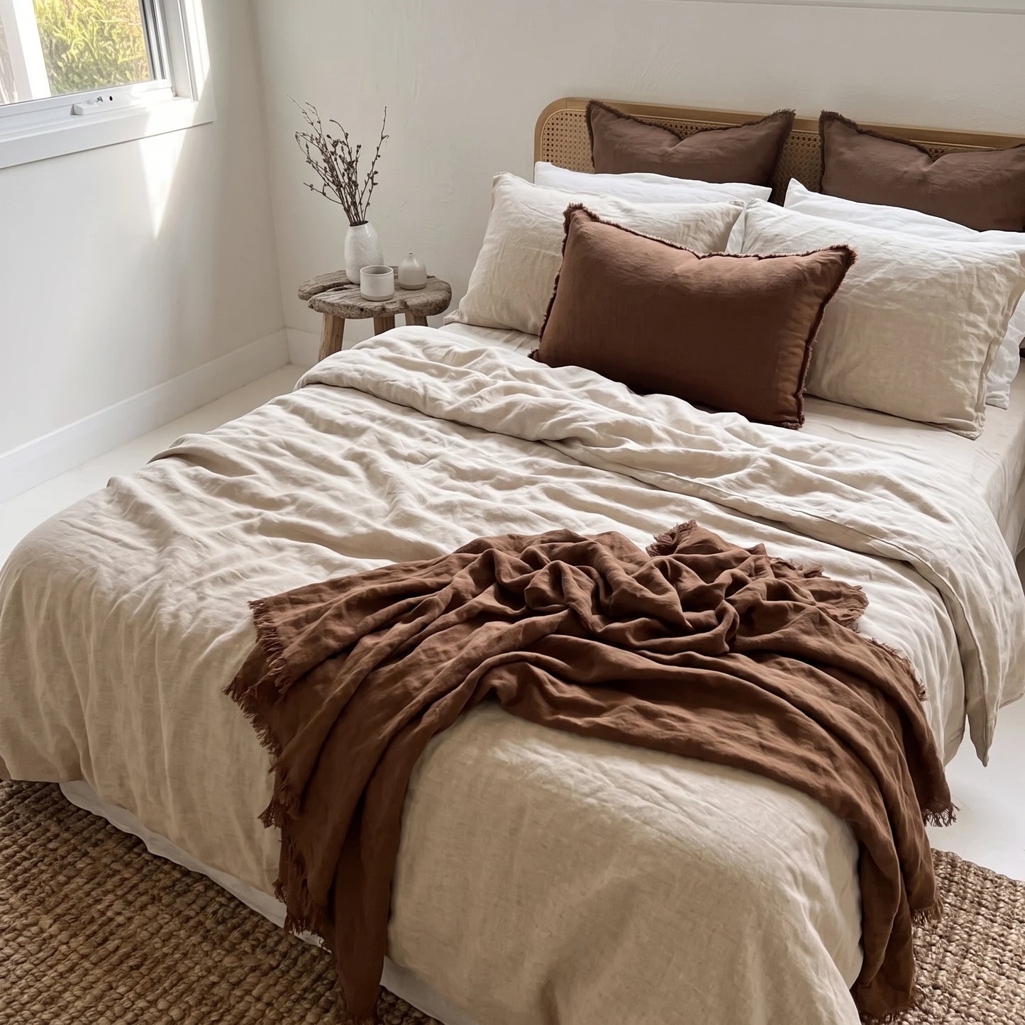 A neatly made bed in a bright bedroom setting, styled with cream-colored bedding, a brown throw blanket draped across the foot of the bed, and several brown and cream pillows. A small wooden side table with a vase of branches sits beside the window.