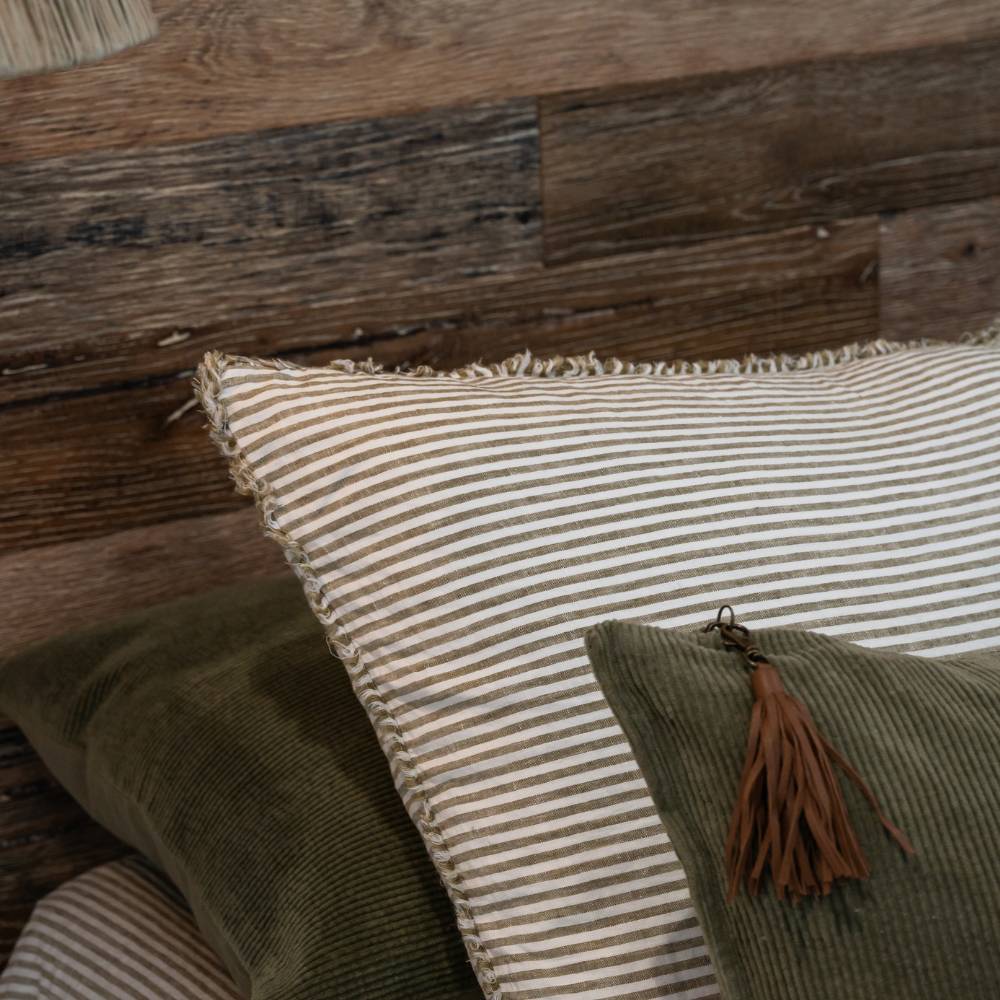 Olive and white pinstriped pillowcases