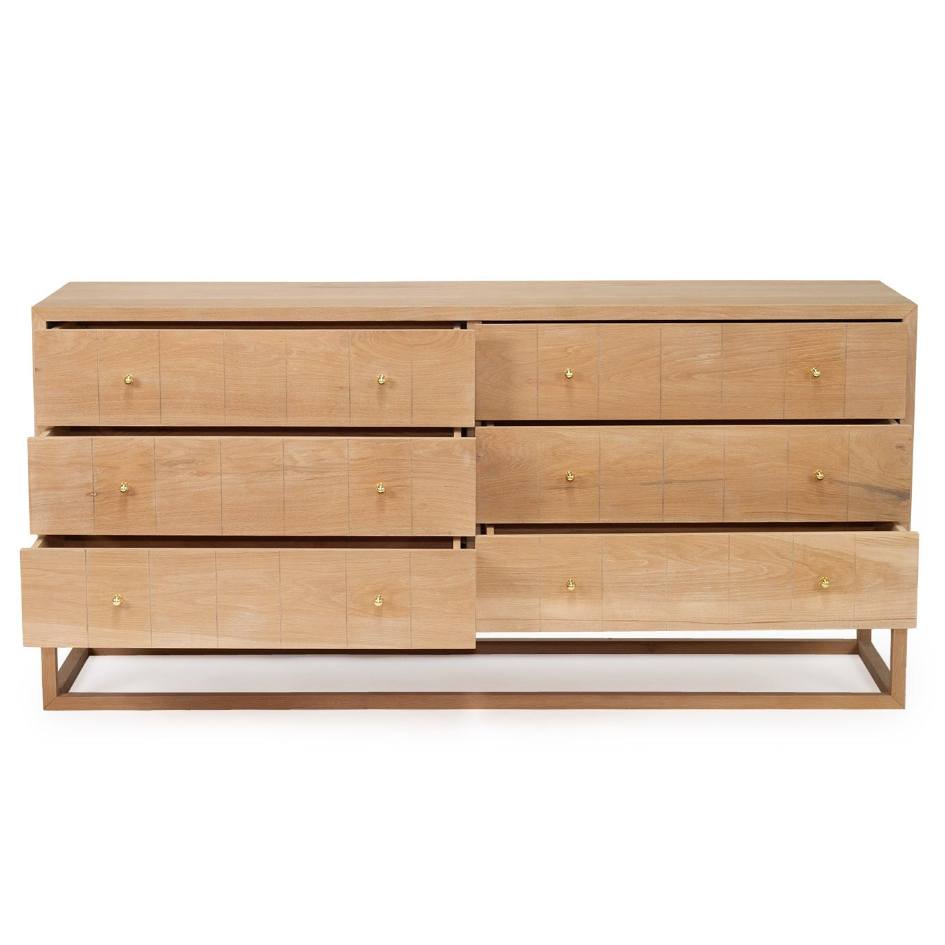 Close up details of the Freya American Oak chest of drawer on a white background by Sun Republic