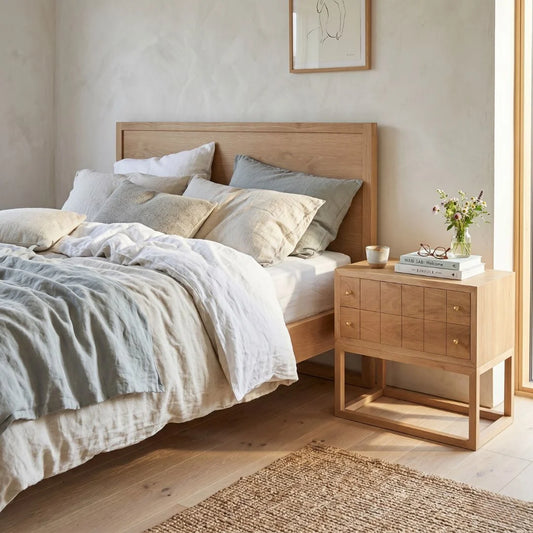 Freya American Oak bed in a modern bedroom setting.