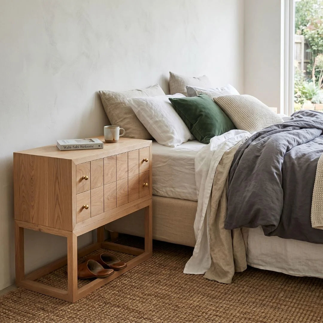 American Oak bedside table nightstand in a modern bedroom 
