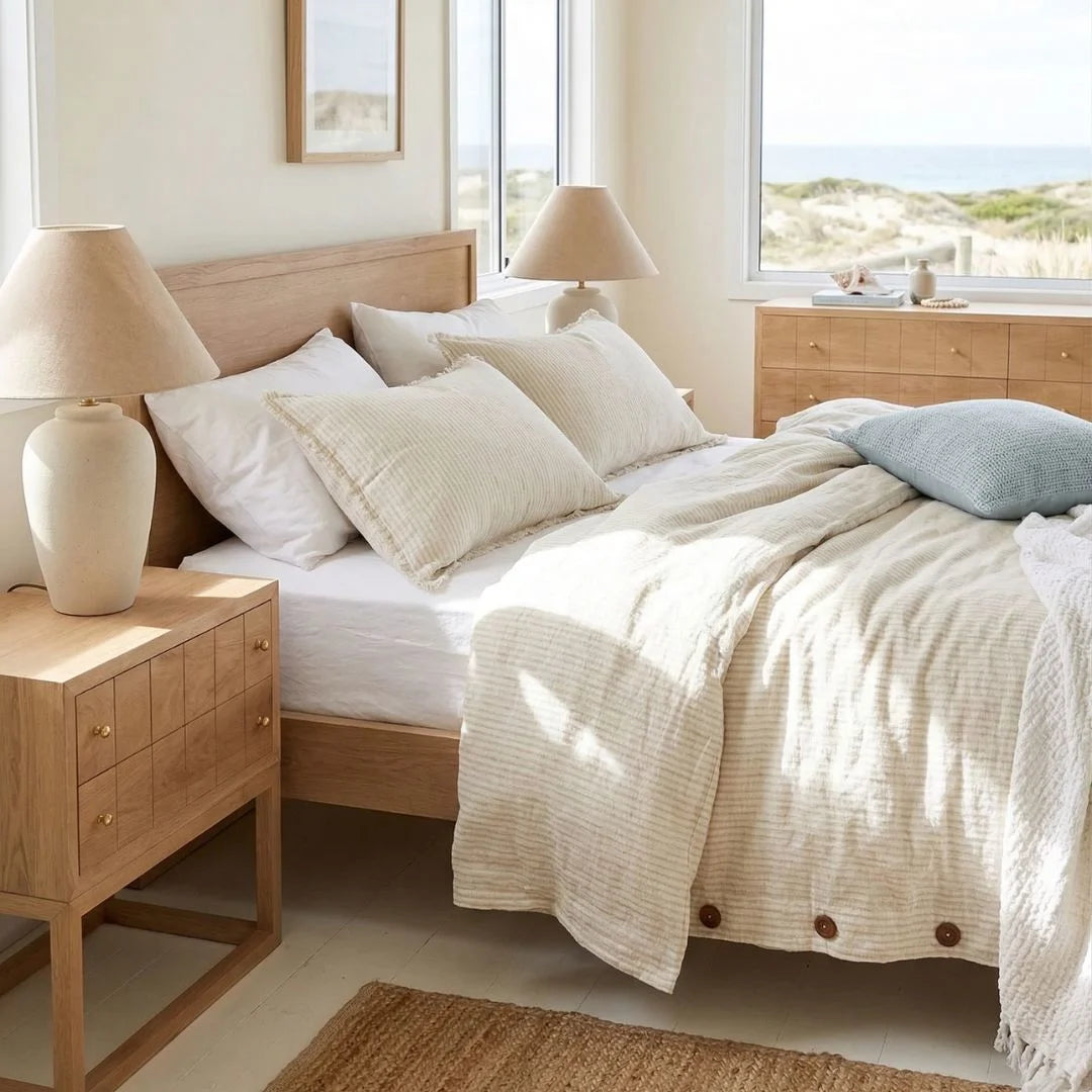 American Oak bedside table nightstand in a modern bedroom 