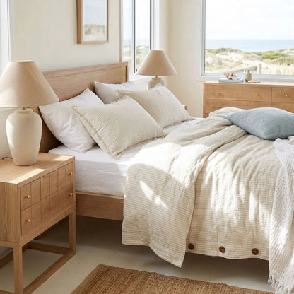 American Oak bedside table nightstand in a modern bedroom 