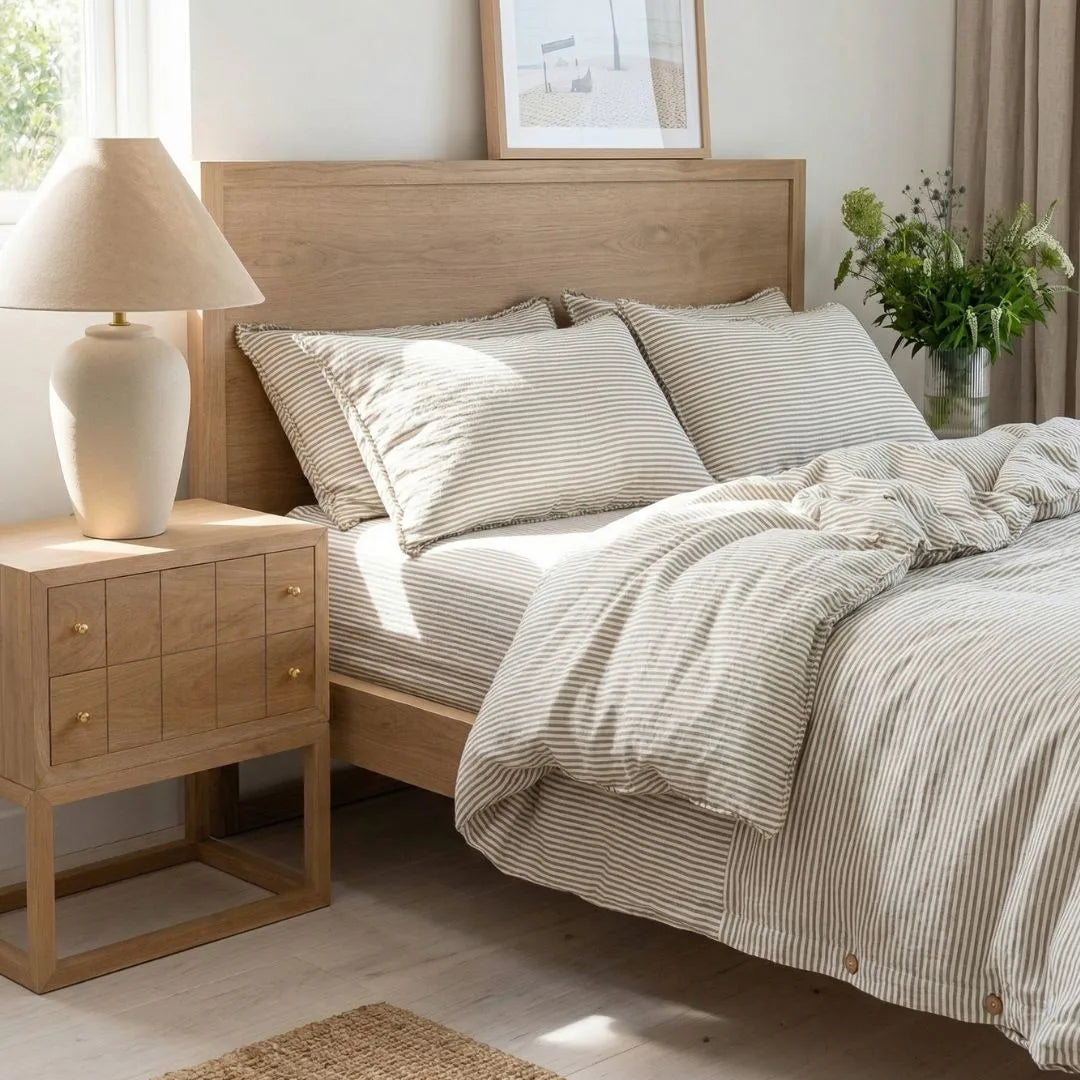 American Oak bedside table nightstand in a modern bedroom 