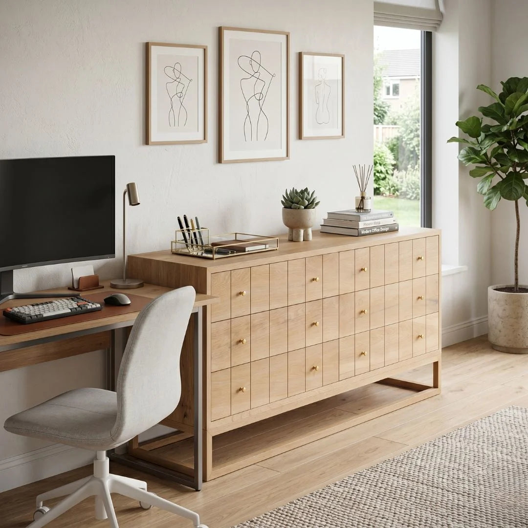 American Oak chest of drawers in a modern home office study setting.