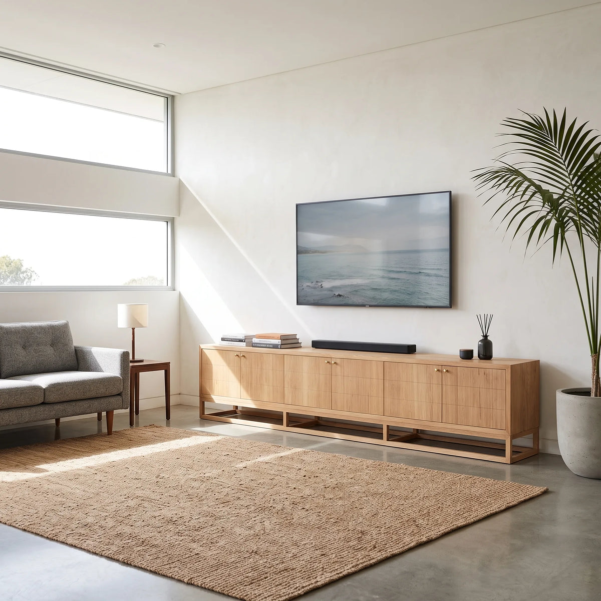 A modern living room scene featuring a light natural wood media console with a mounted flat-screen TV, set against a minimalist off-white wall with a large window, a gray armchair, and a potted palm.