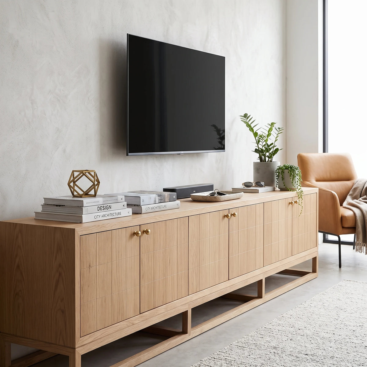 A light oak wood media console with six cabinet doors and brass handles, styled in a modern living room setting with a wall-mounted TV, books, and plants.