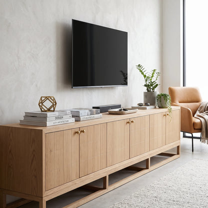 A light oak wood media console with six cabinet doors and brass handles, styled in a modern living room setting with a wall-mounted TV, books, and plants.