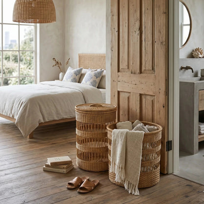 Nestled bedroom with wooden door, bed, and baskets on a wooden floor.