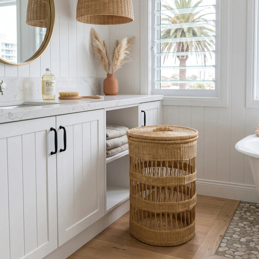 Bathroom with wicker basket, white cabinets, and a bathtub.