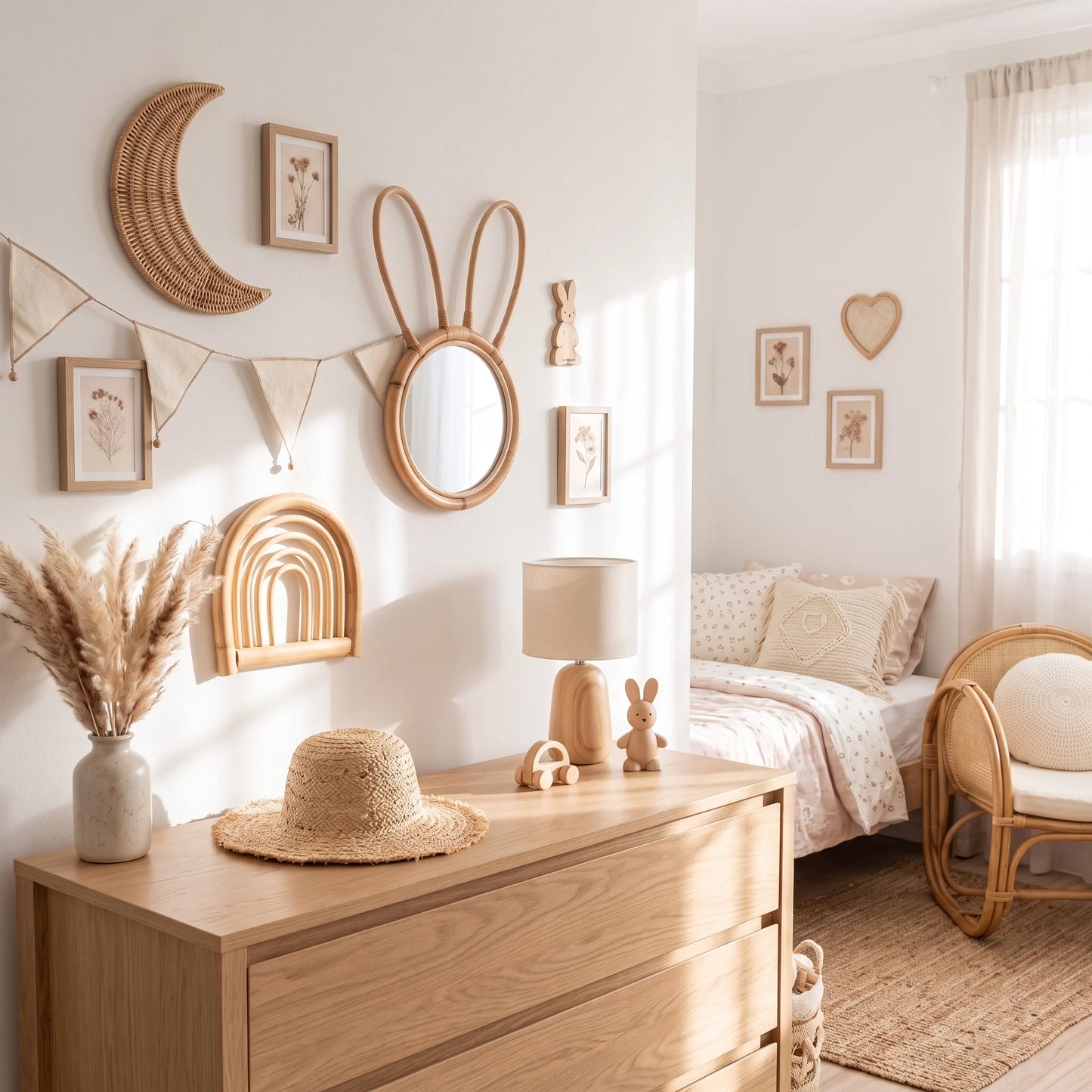 A styled boho nursery bedroom featuring a light wood dresser, a bed with neutral-toned bedding, a rattan chair, and wall decor including a wooden bunny mirror, crescent moon, and bunting.