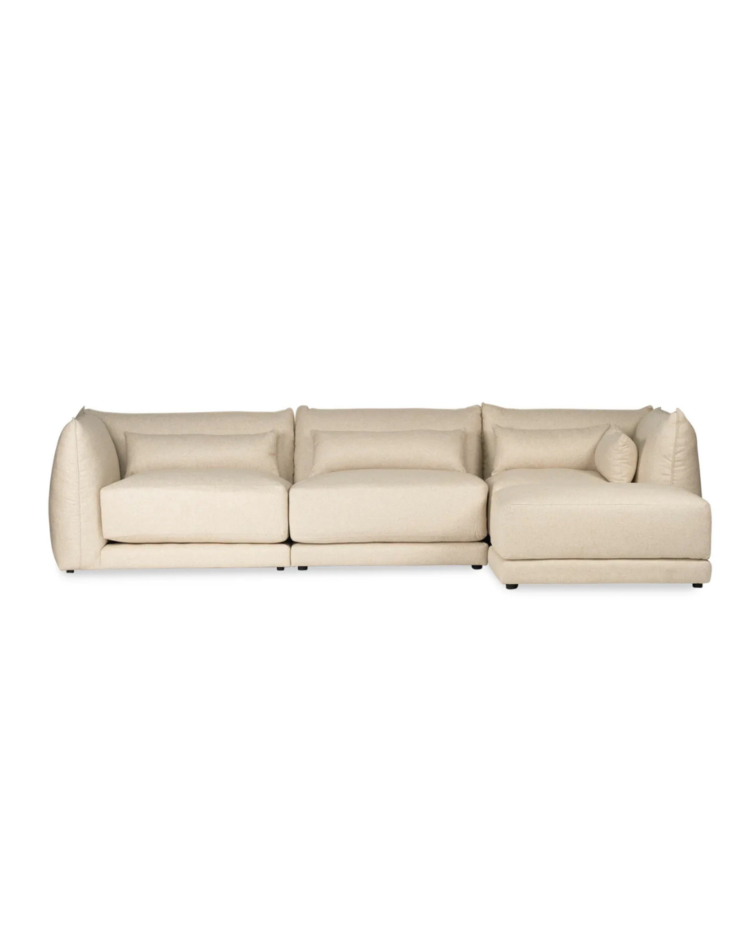Beige linen sectional sofa on a white background