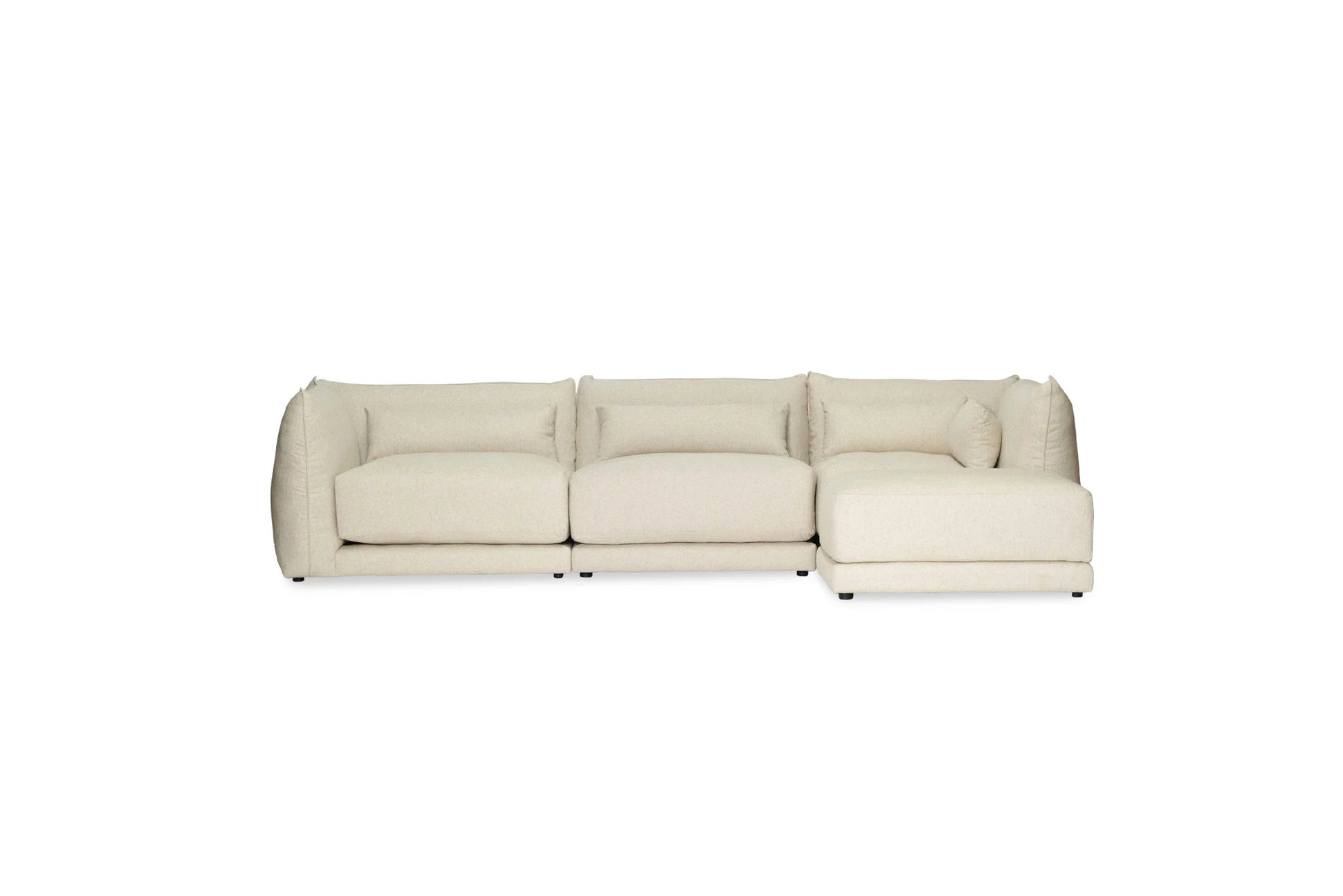 Beige linen sectional sofa on a white background