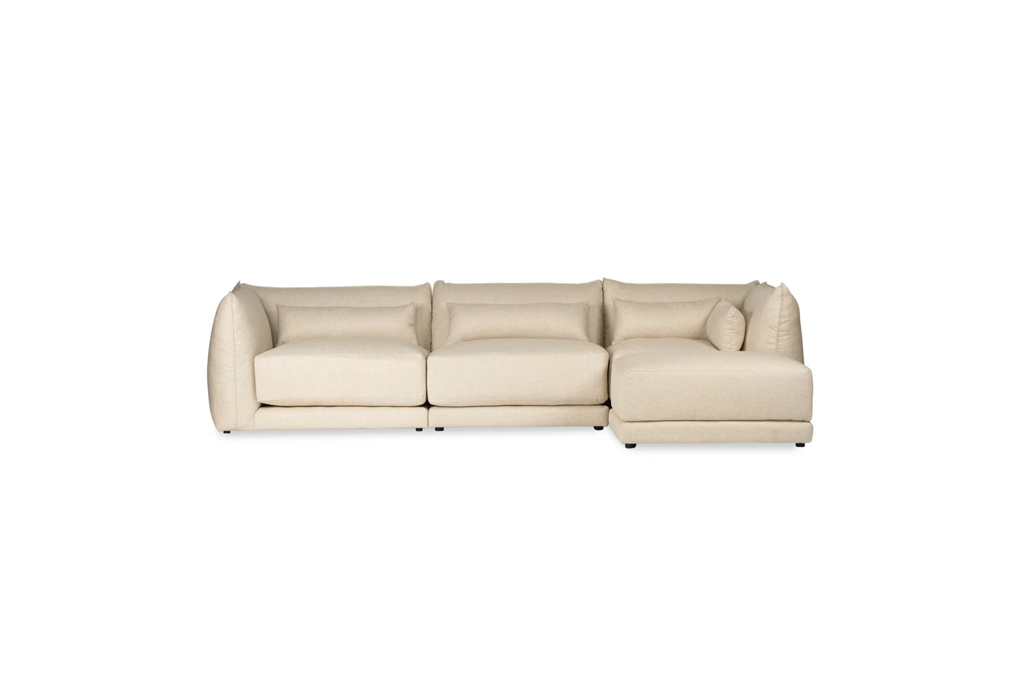 Beige linen sectional sofa on a white background