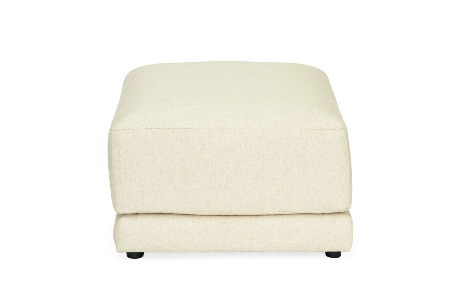 Light beige linen ottoman on a white background