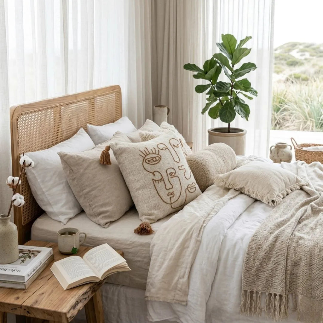 Cozy bedroom with a bed, pillows, and a side table with a book and mug.
