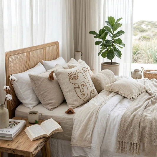 Cozy bedroom with a bed, pillows, and a side table with a book and mug.