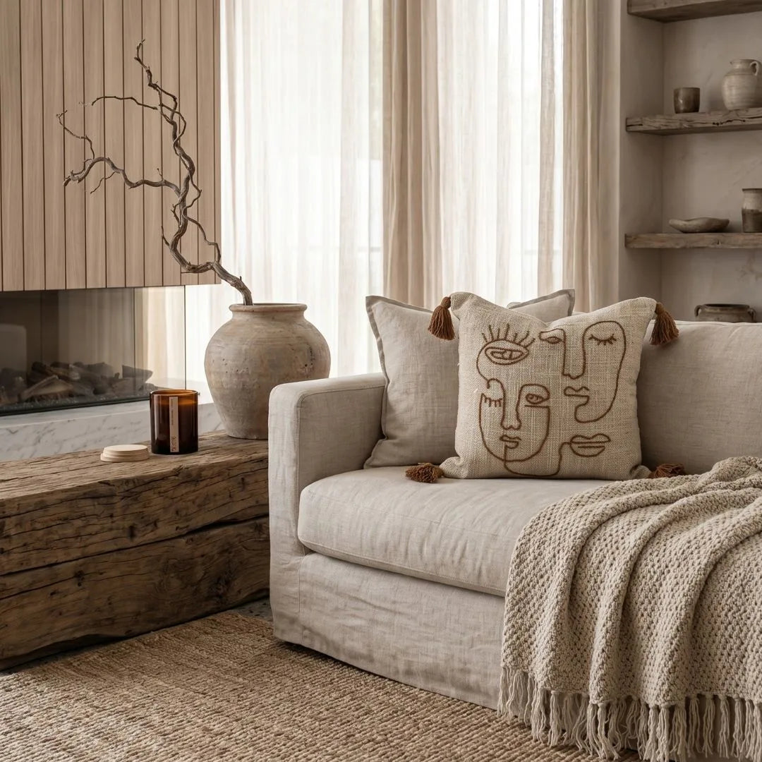 Cozy living room with abstract faces cushion