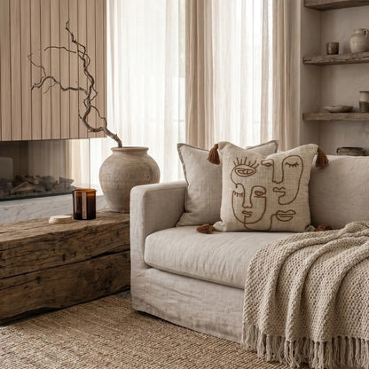 Cozy living room with abstract faces cushion