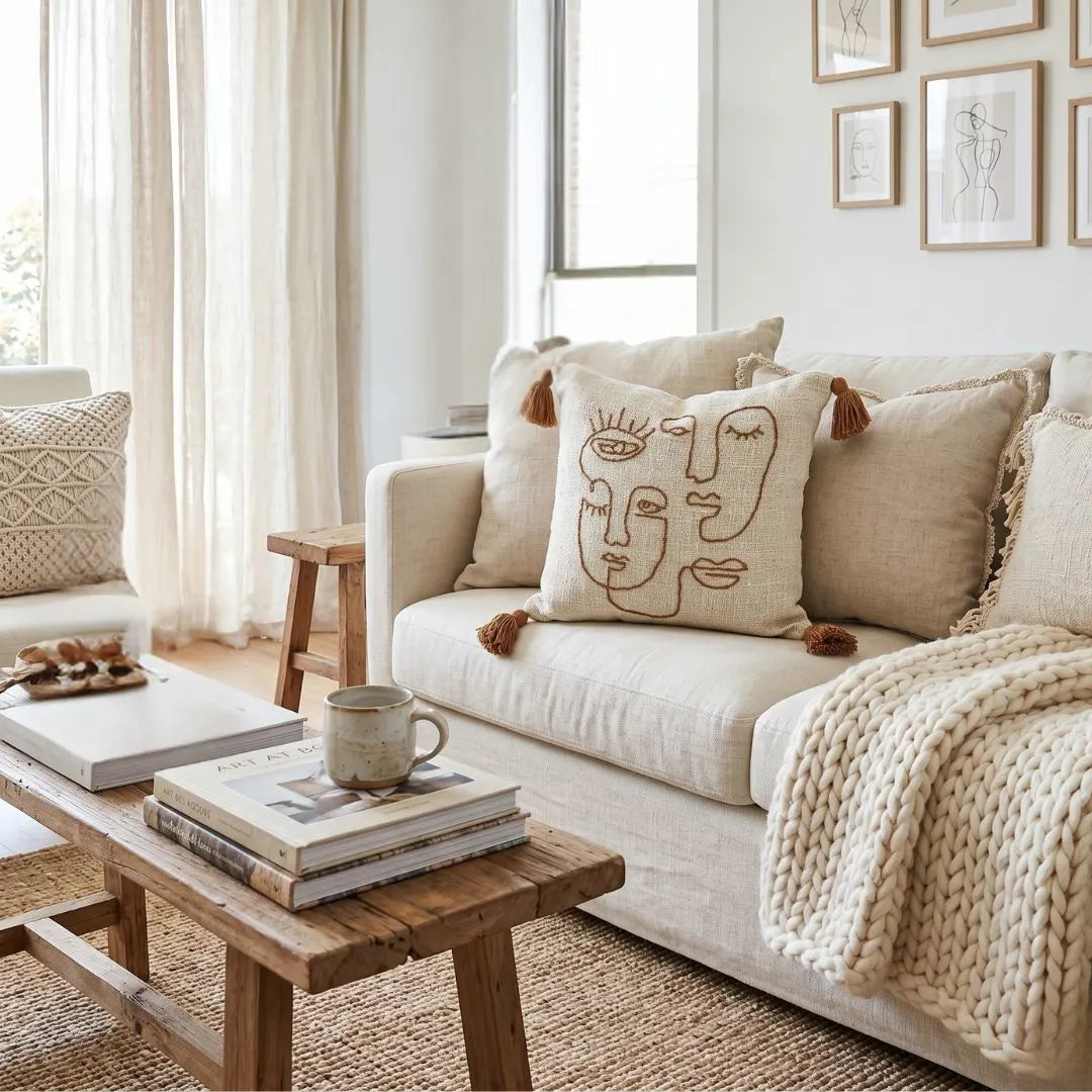 modern living room with abstract faces cushion on  sofa
