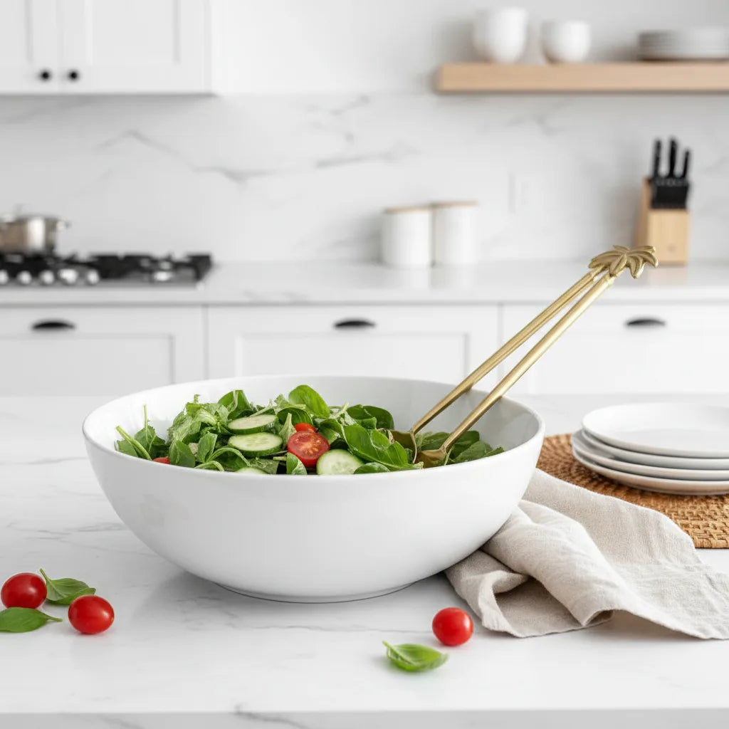 White bowl with salad on a kitchen counter