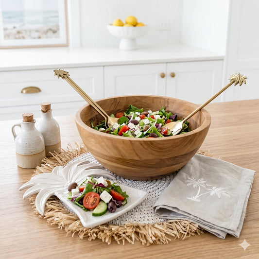 Wooden salad bowl with salad on a kitchen counter