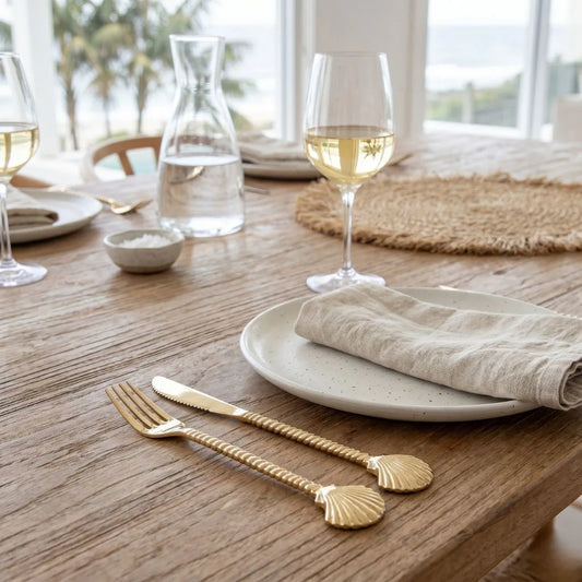 Dining table setting with gold shell-shaped cutlery on a wooden table.