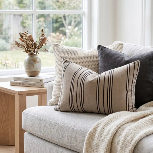 Cozy living room with a gray sofa adorned with patterned cushions, a wooden side table with books and a vase, and a window in the background.