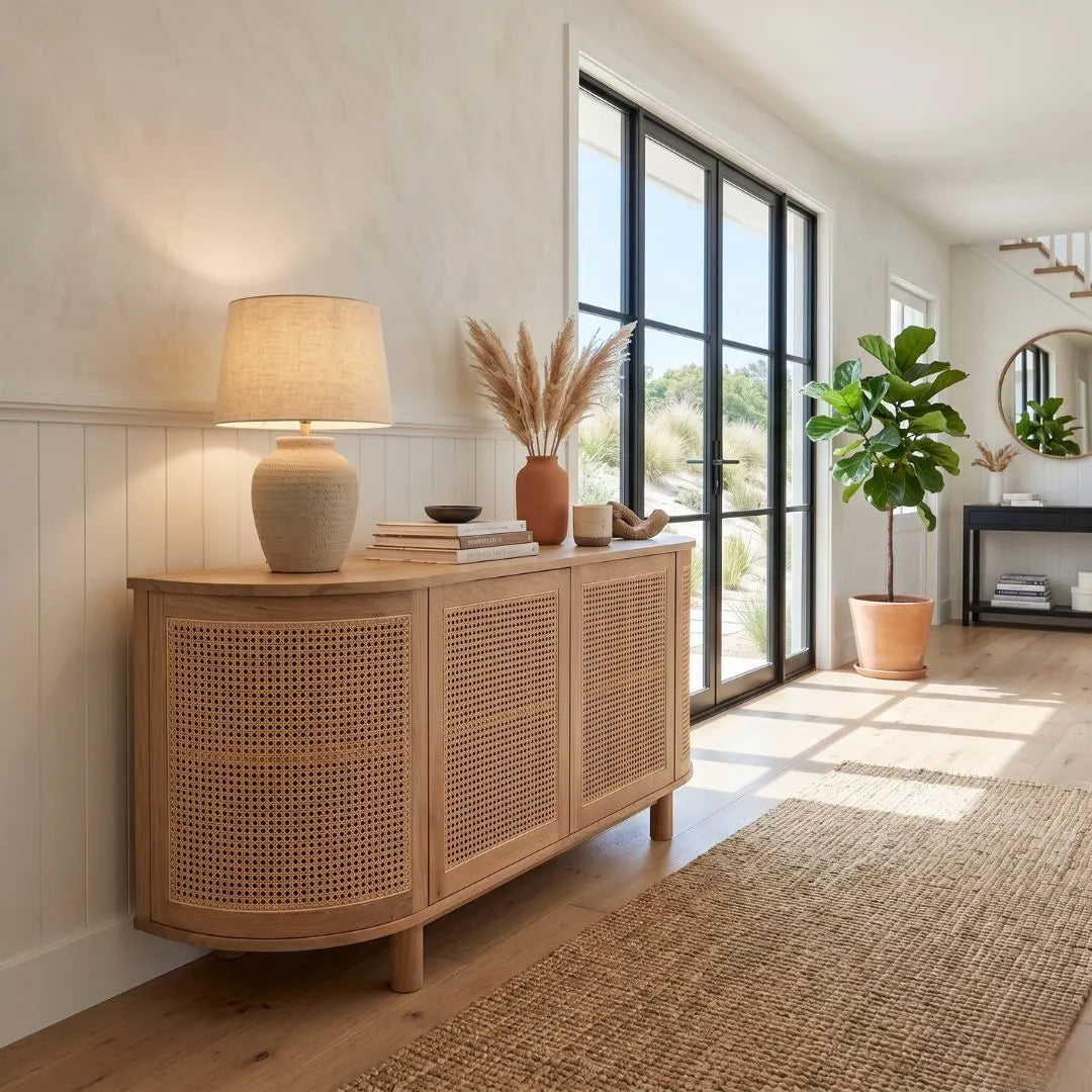 Sun Republic American Oak and Rattan curved end sideboard with decorative items in a bright room with large windows.