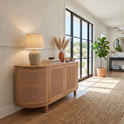 Sun Republic American Oak and Rattan curved end sideboard with decorative items in a bright room with large windows.