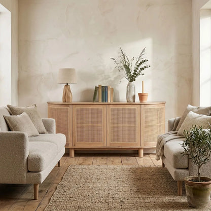 Living room with beige sofas, wooden sideboard, and decorative items.