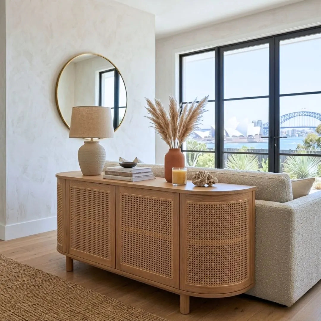 Living room with Sun Republic American Oak and Rattan curved end sideboard with decorative items in a modern living  