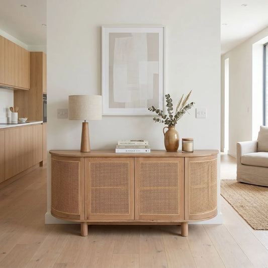 Sun Republic American Oak and Rattan curved end sideboard with decorative items in a modern living room.