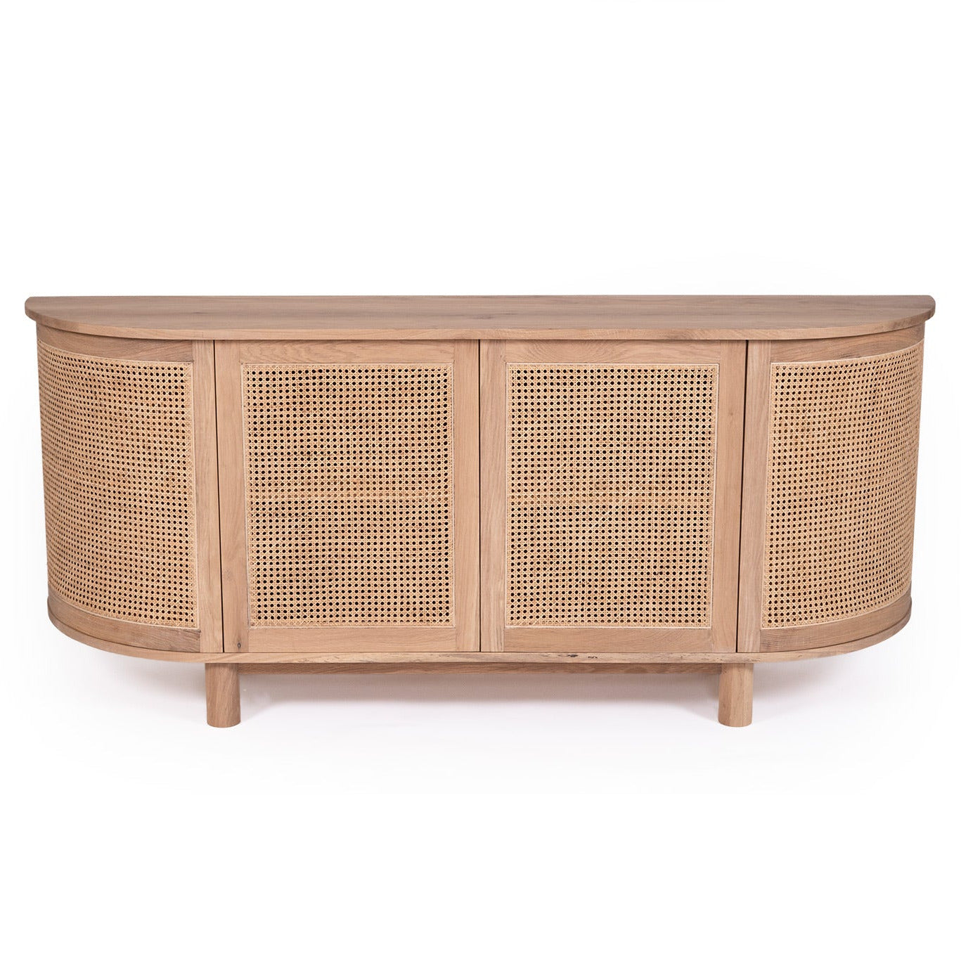 Wooden sideboard with rattan doors on a white background